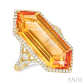 26x10 MM Hexagon Shape Citrine and 1/2 Ctw Round Cut Diamond Halo Semi-Precious Ring in 14K Yellow Gold